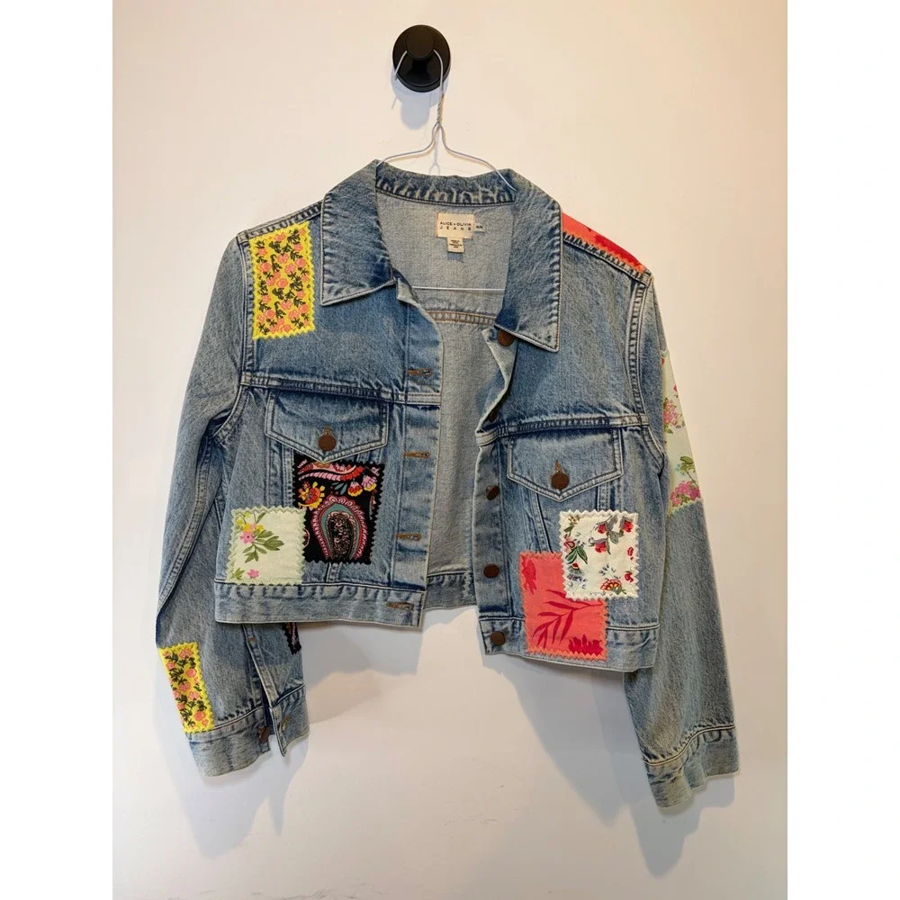 Alice + Olivia Jeans Patchwork Cropped Denim Jacket Light Wash Floral - Picture 1 of 9